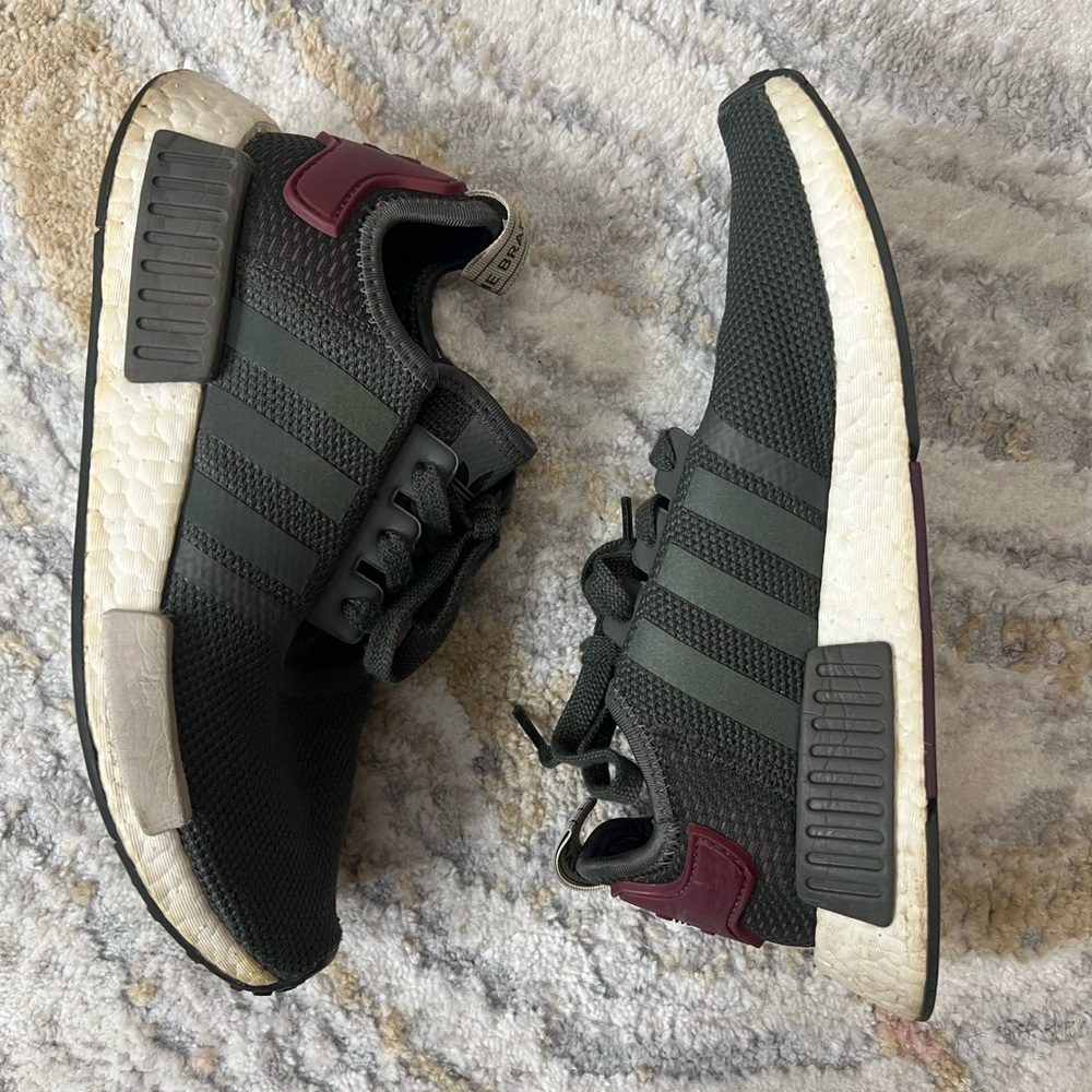 Adidas NMD R1 Olive Green with Maroon Accents